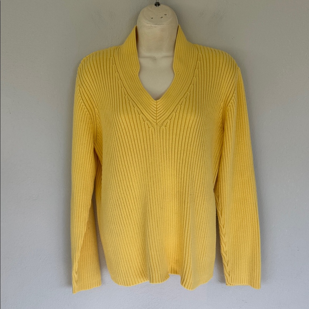 Vintage Y2K Liz Claiborne bright yellow ribbed knit notch neckline sweater large - Picture 2 of 13